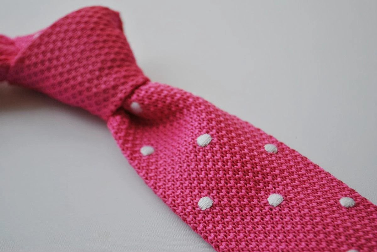 bright pink skinny knitted tie with white polka dots by Frederick Thomas Handmade Mens Ties