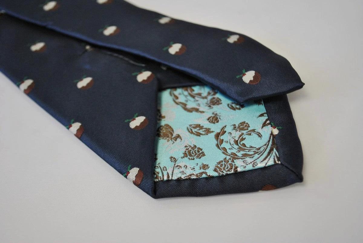 christmas range - navy christmas tie with christmas pudding design by Frederick Thomas Handmade Mens Ties