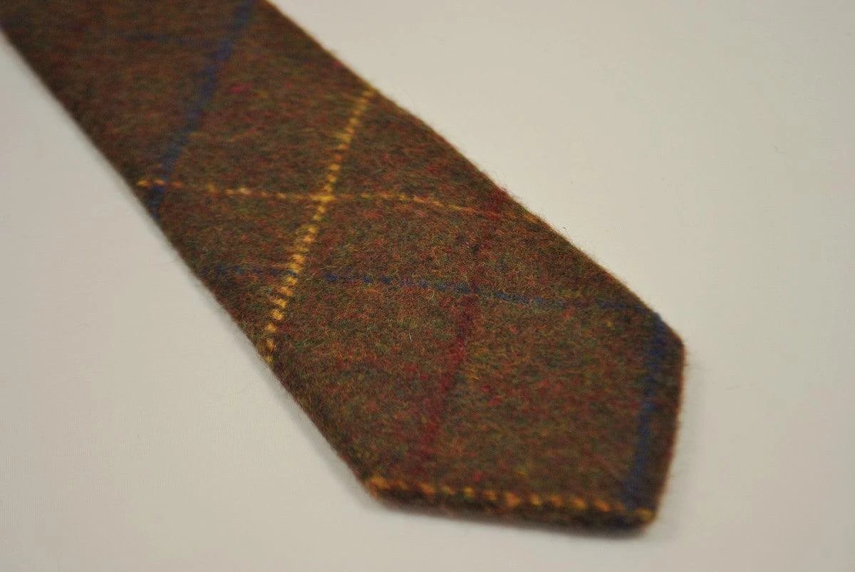 chocolate brown, blue and yellow check tweed wool tie by Frederick Thomas Handmade Mens Ties
