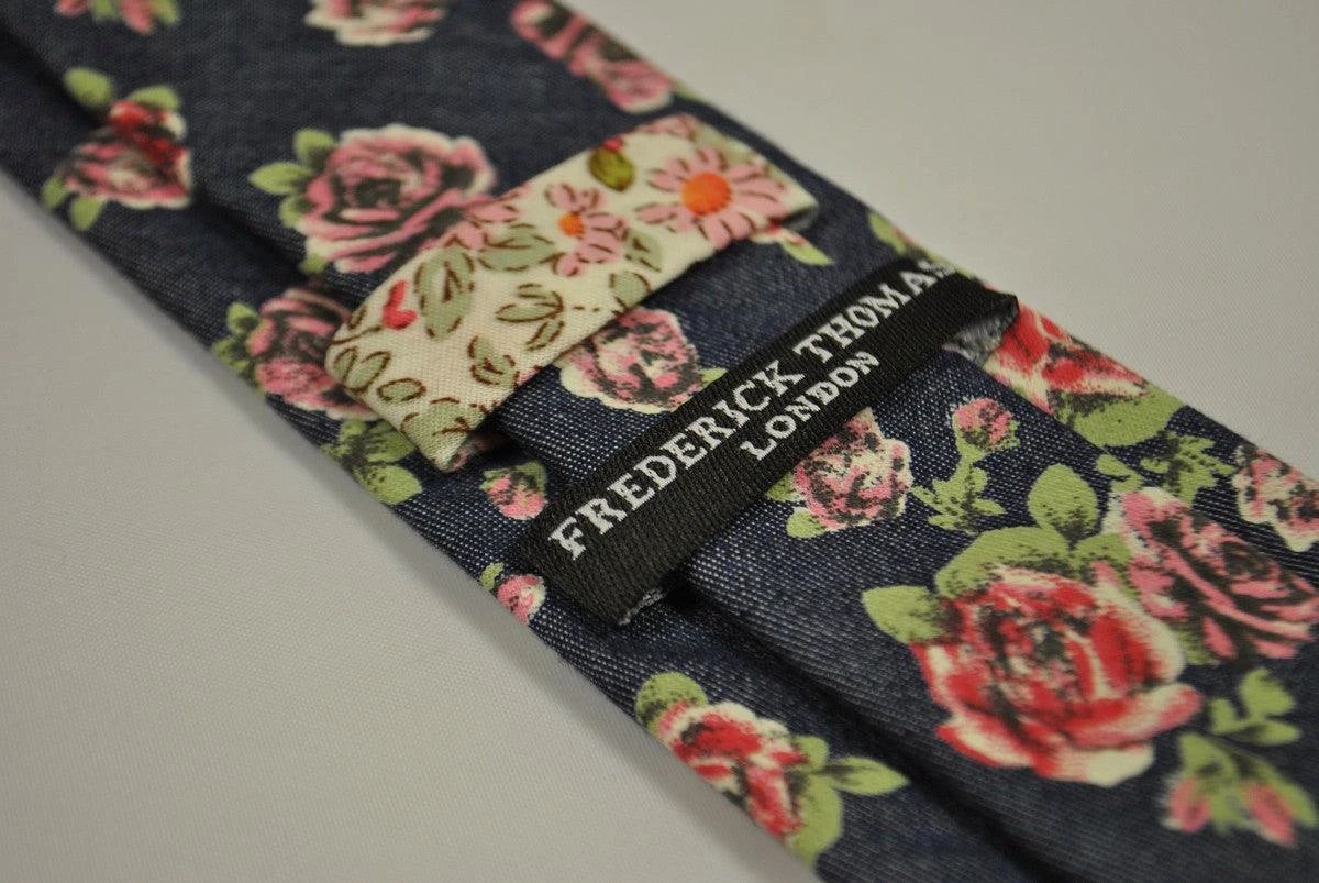 navy blue and rose floral design 100% cotton tie by Frederick Thomas Handmade Mens Ties