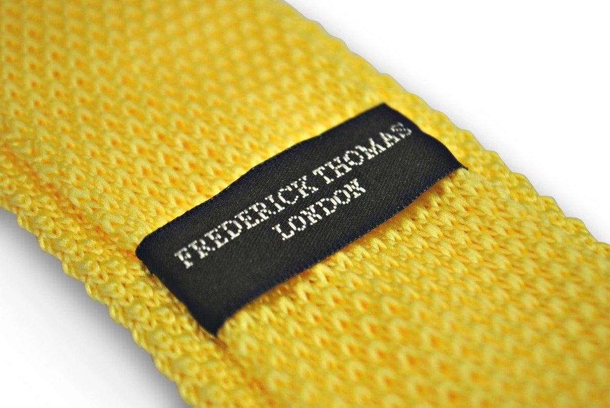 lemon yellow skinny knitted tie with pointed end by Frederick Thomas Handmade Mens Ties