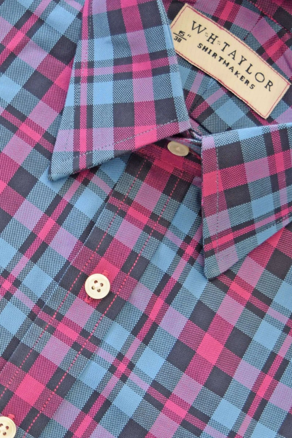 Blue & Cerise Plaid Check Twill Men's Bespoke Shirt - Vibrant Colour With Textured Twill For Versatile Styling by whtshirtmakers.com