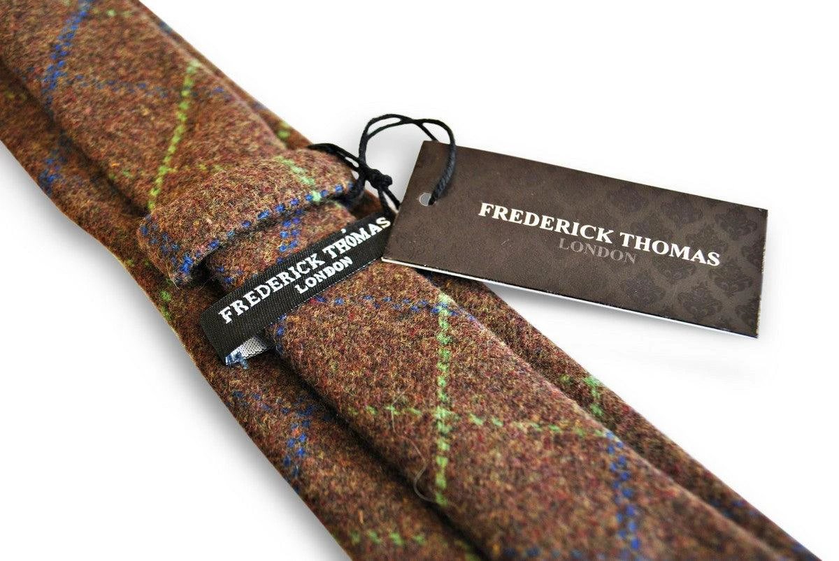 brown, blue and green check tweed skinny tie by Frederick Thomas Handmade Mens Ties