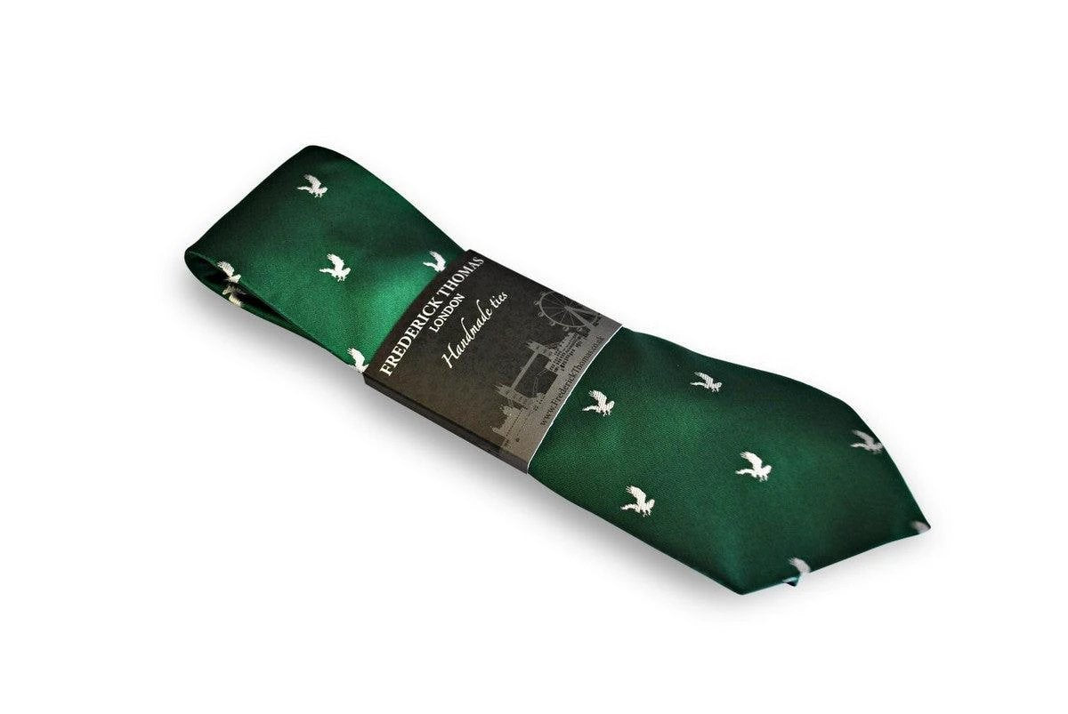 green tie with white eagle bird silhouette design by Frederick Thomas Handmade Mens Ties