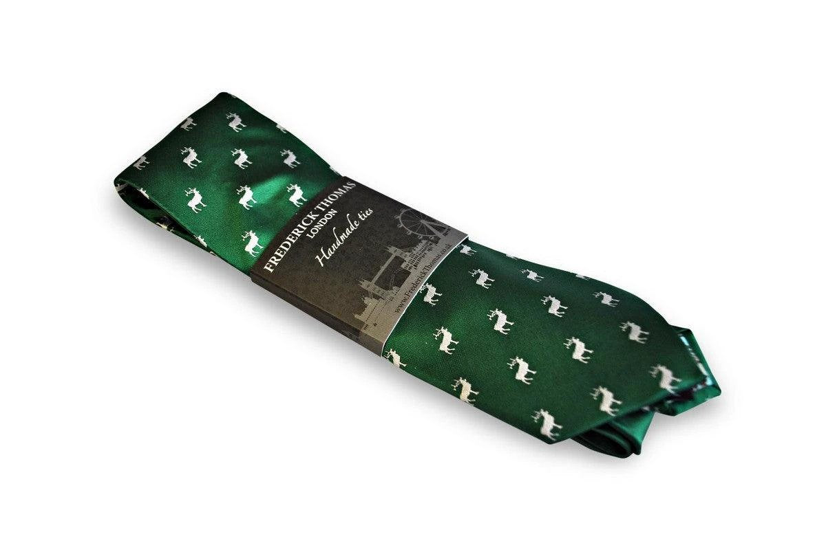 green tie with white stag deer silhouette design by Frederick Thomas Handmade Mens Ties