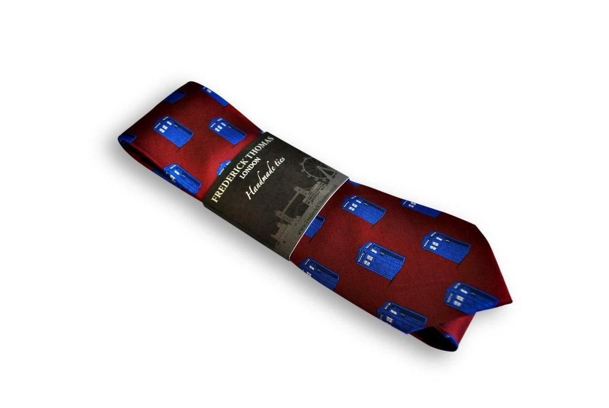 burgundy tie with doctor who tardis phonebox design by Frederick Thomas Handmade Mens Ties