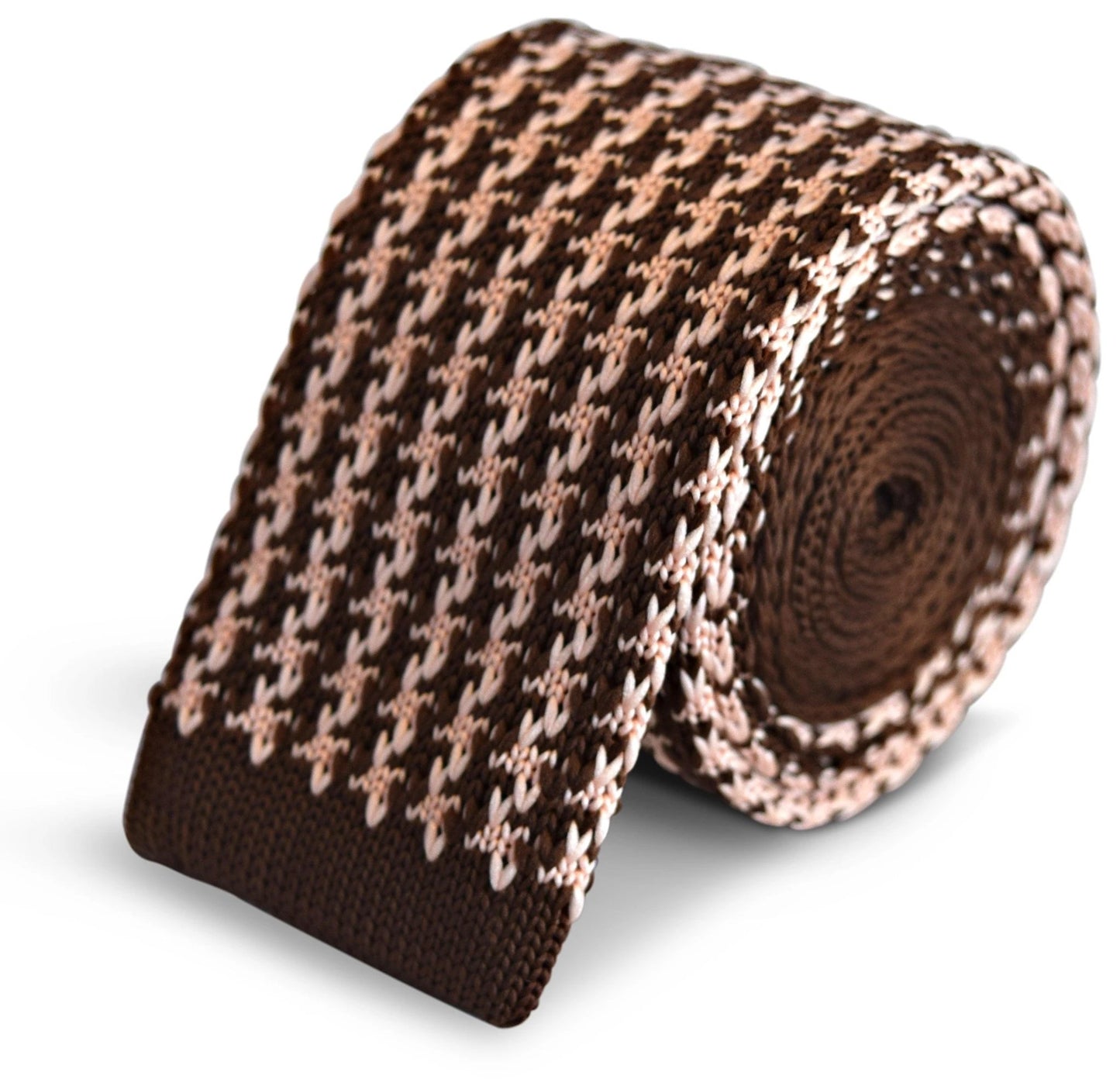 chocolate brown and pale blush pink dogstooth knitted tie by Frederick Thomas Handmade Mens Ties