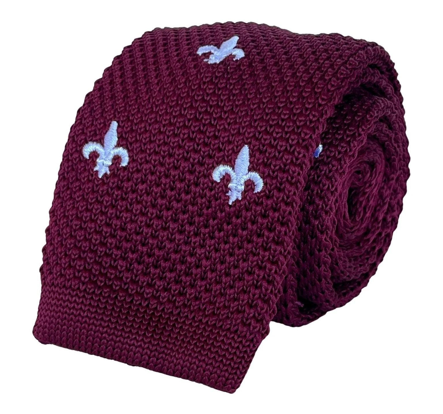 Maroon Knitted Tie By Frederick Thomas - White Embroidered Fleur De Lis Detail For Timeless Formal Luxury by Frederick Thomas Handmade Mens Ties