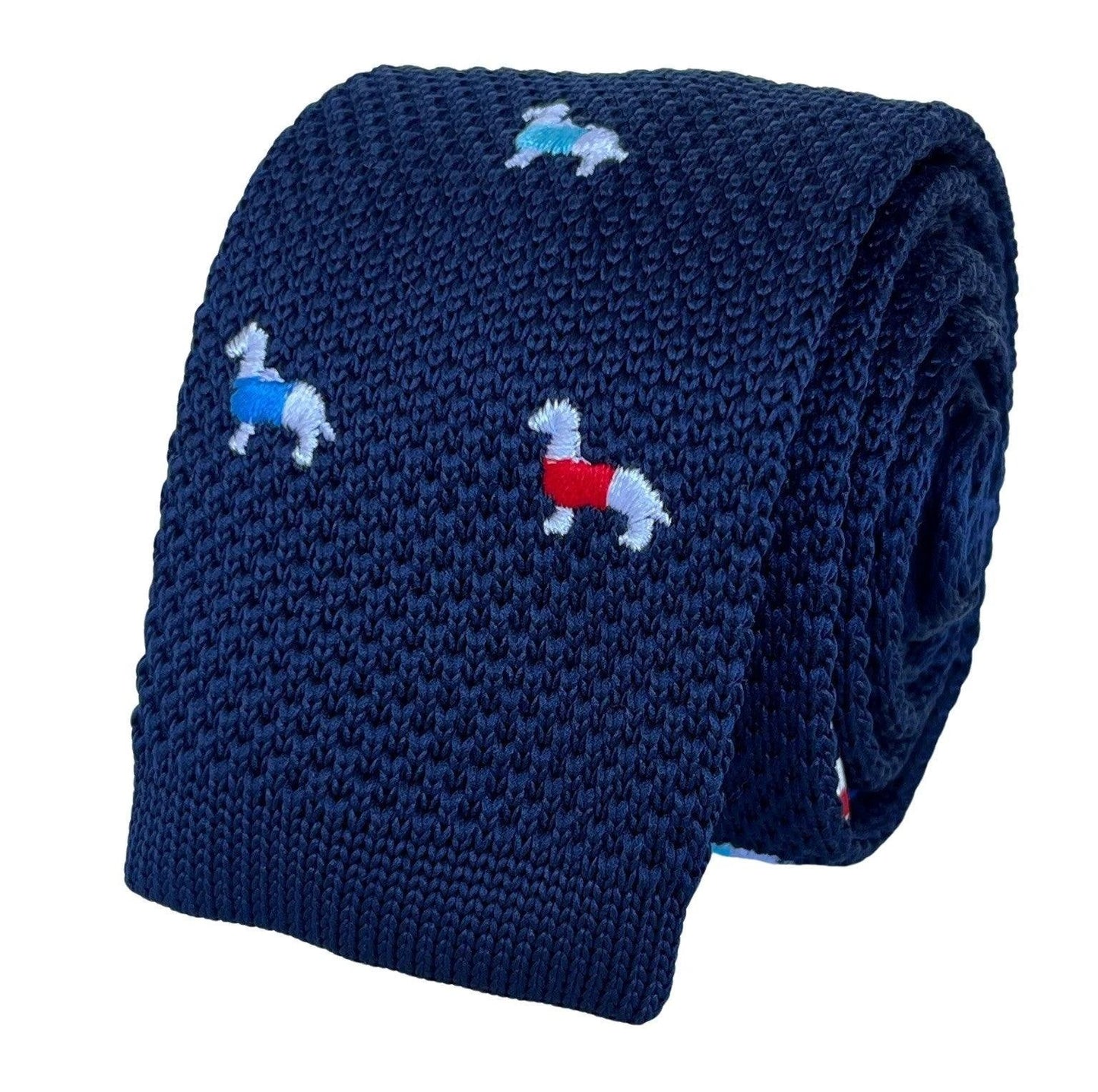 Navy Blue Knitted Tie With Embroidered Dog Design By Frederick Thomas by Frederick Thomas Handmade Mens Ties