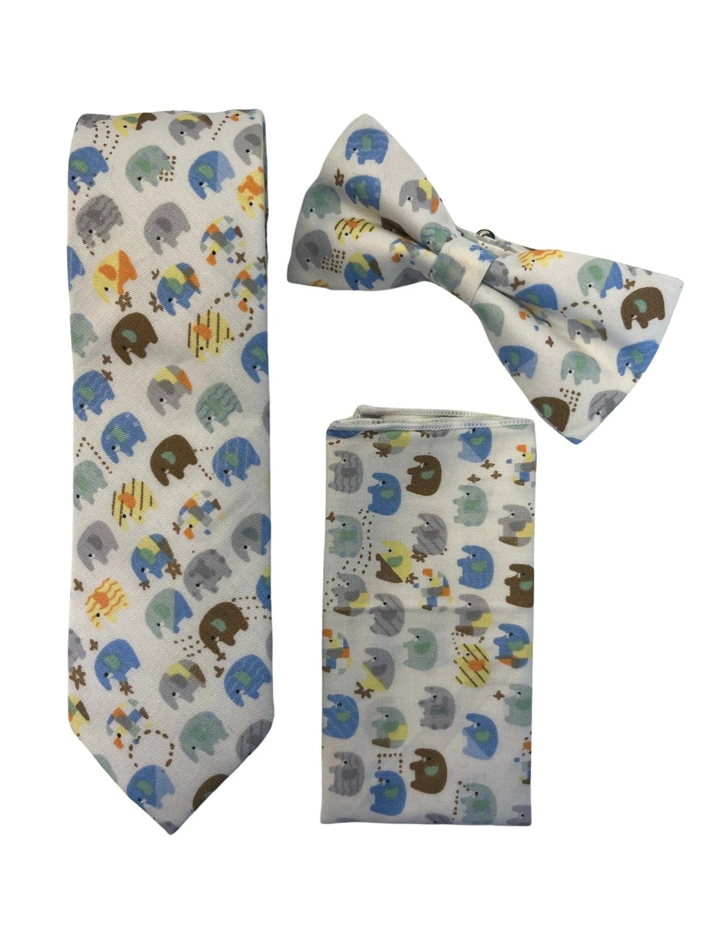 Ivory cotton adult bow tie with colourful elephant design by Frederick Thomas Handmade Mens Ties
