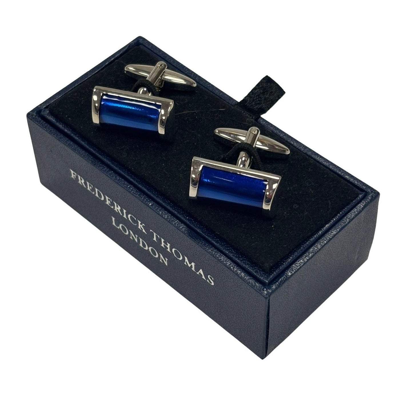 silver rectangular cufflinks with blue stone by Frederick Thomas Handmade Mens Ties