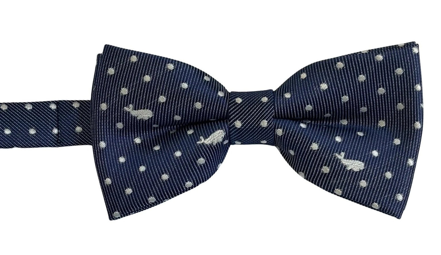 Dark Blue Navy Adult Bow Tie with White Whale Design by Frederick Thomas Handmade Mens Ties