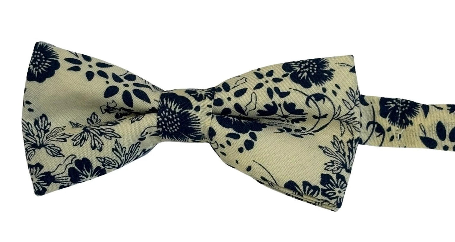 Child's Ivory Cream and Dark Blue Floral Bow Tie - Handcrafted Formal Accessory for Weddings and Special Occasions by Frederick Thomas Handmade Mens Ties