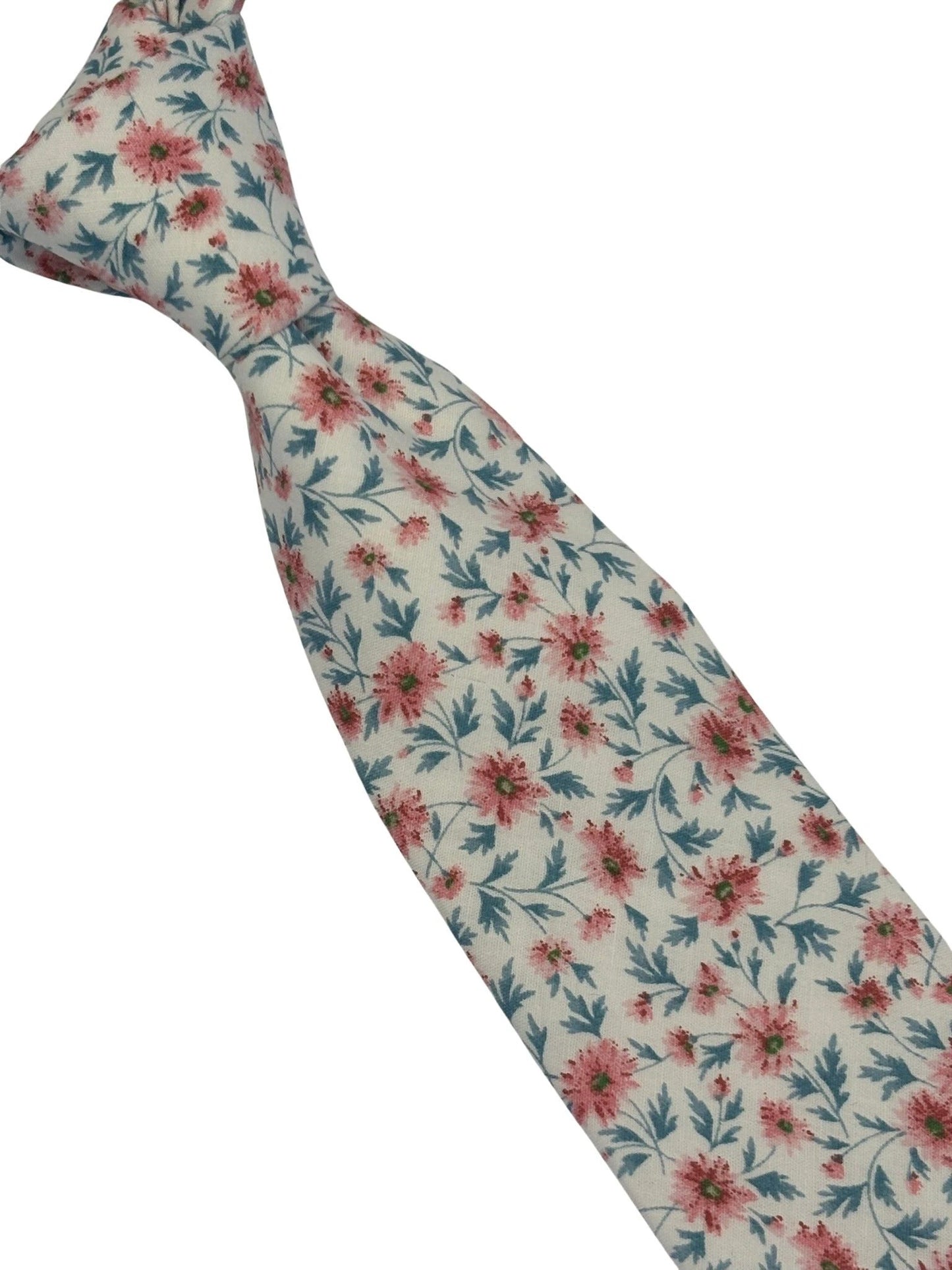 Ivory Pink Peach Cotton English Wildflower Garden Design Tie - Handmade Statement Piece For Elegant Office Wear by Frederick Thomas Handmade Mens Ties