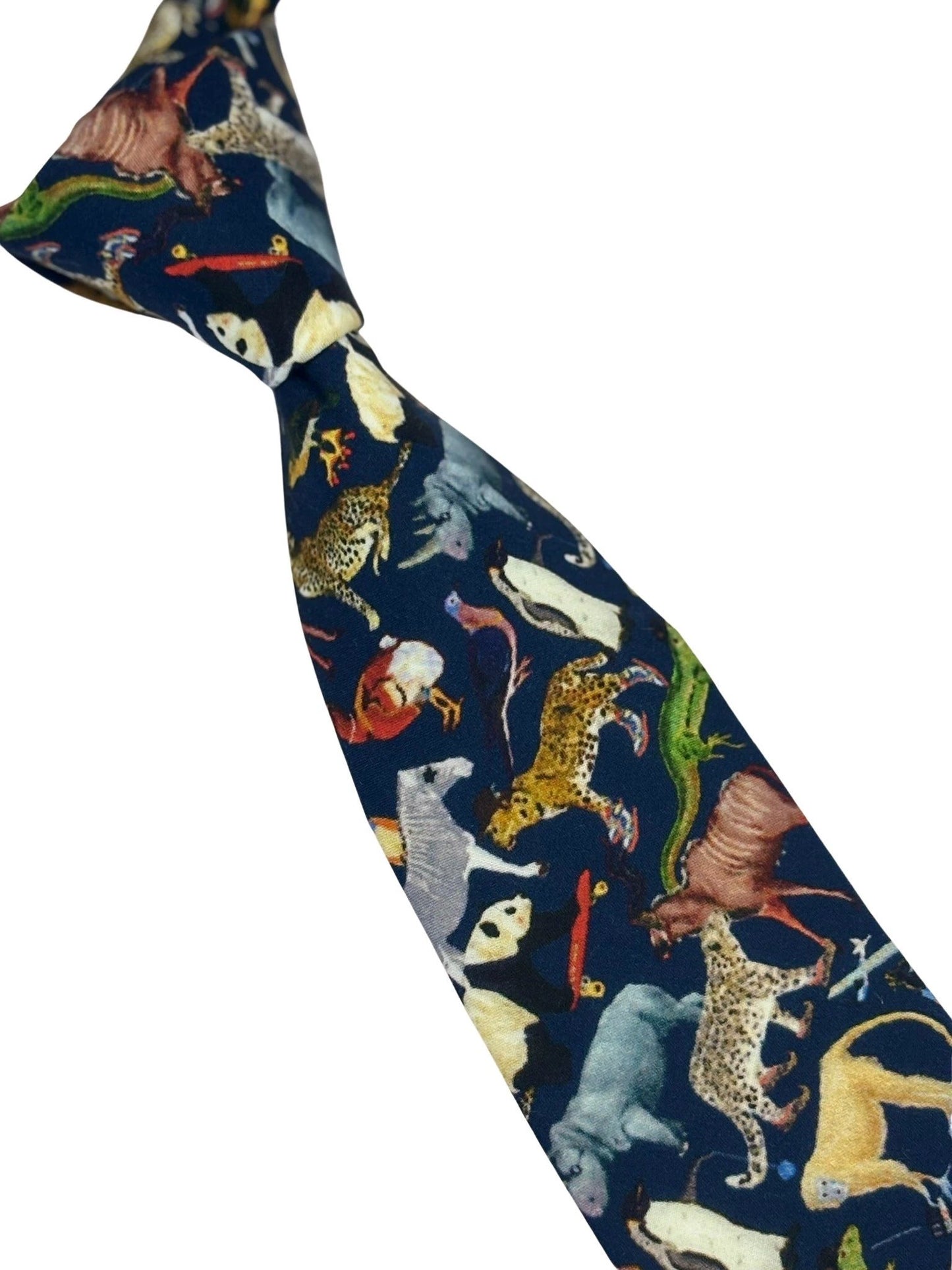 Navy Blue Cotton Tie With Liberty Style Jungle Animal Design by Frederick Thomas Handmade Mens Ties