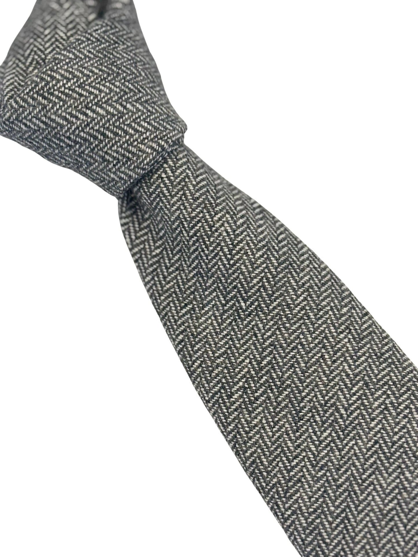 Dark Grey And Cream Wool Tie With Herringbone Design - Handcrafted Wool For Timeless Elegance by Frederick Thomas Handmade Mens Ties