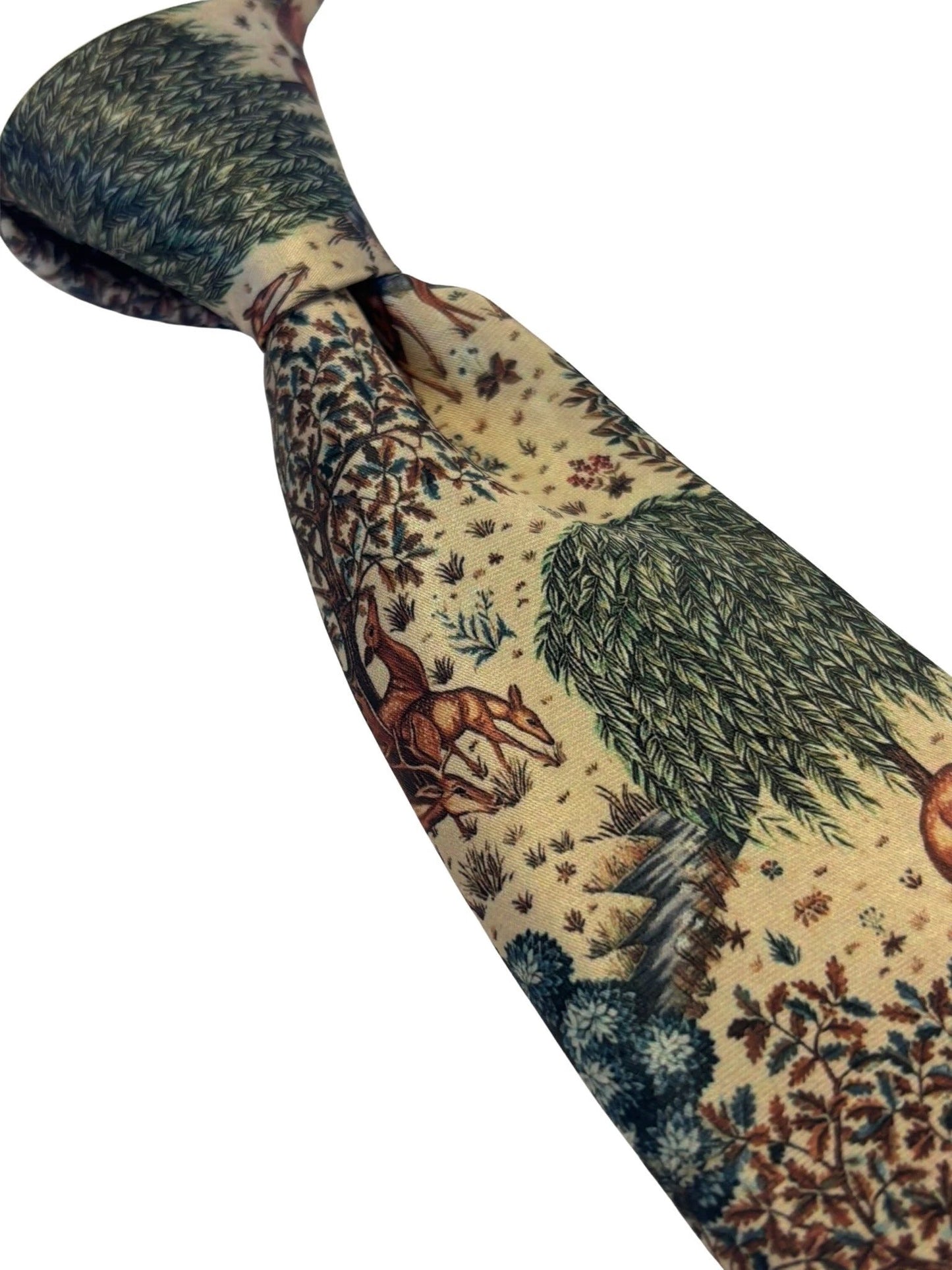 Frederick Thomas Handmade Tie - Cream Beige Woodland Design Inspired By William Morris Deer By A Brook Tapestry by Frederick Thomas Handmade Mens Ties