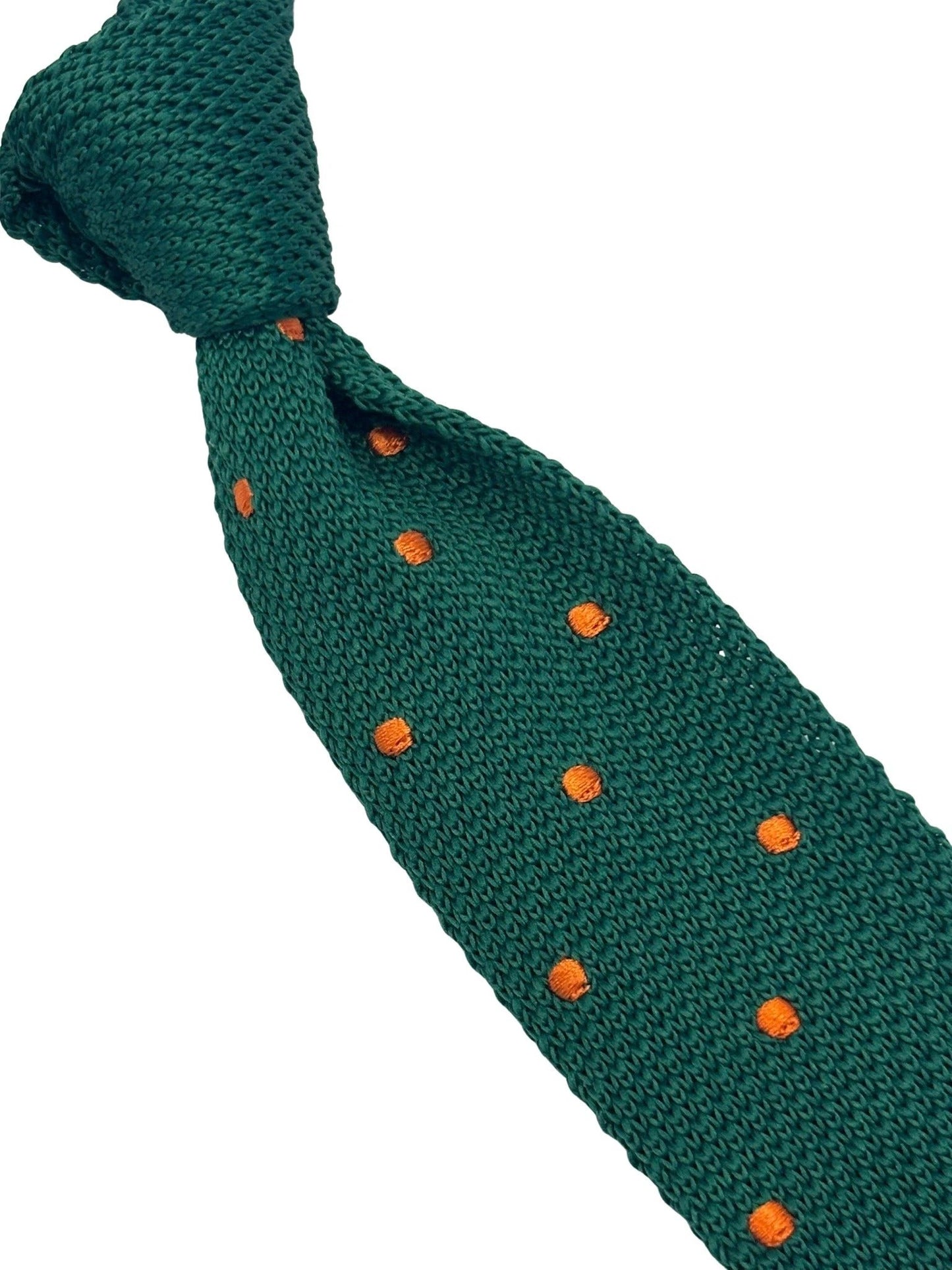 Emerald Green Handmade Knitted Tie With Orange Polka Spots - Artisanal Craft Meets Contemporary Flair by Frederick Thomas Handmade Mens Ties