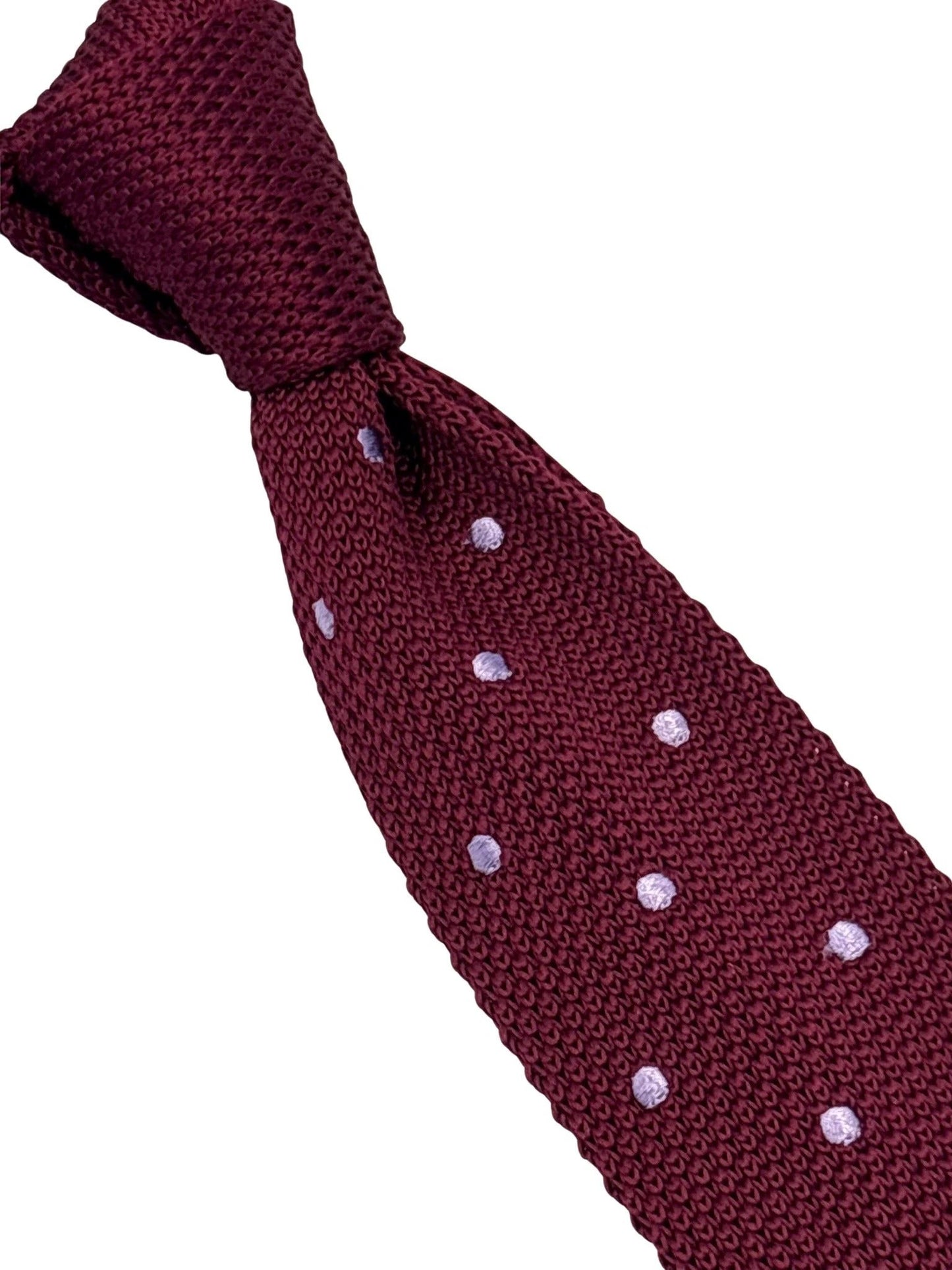 Handmade Knitted Tie In Maroon Burgundy With Lilac Polka Dots - Textured Distinction For Smart And Casual Looks by Frederick Thomas Handmade Mens Ties