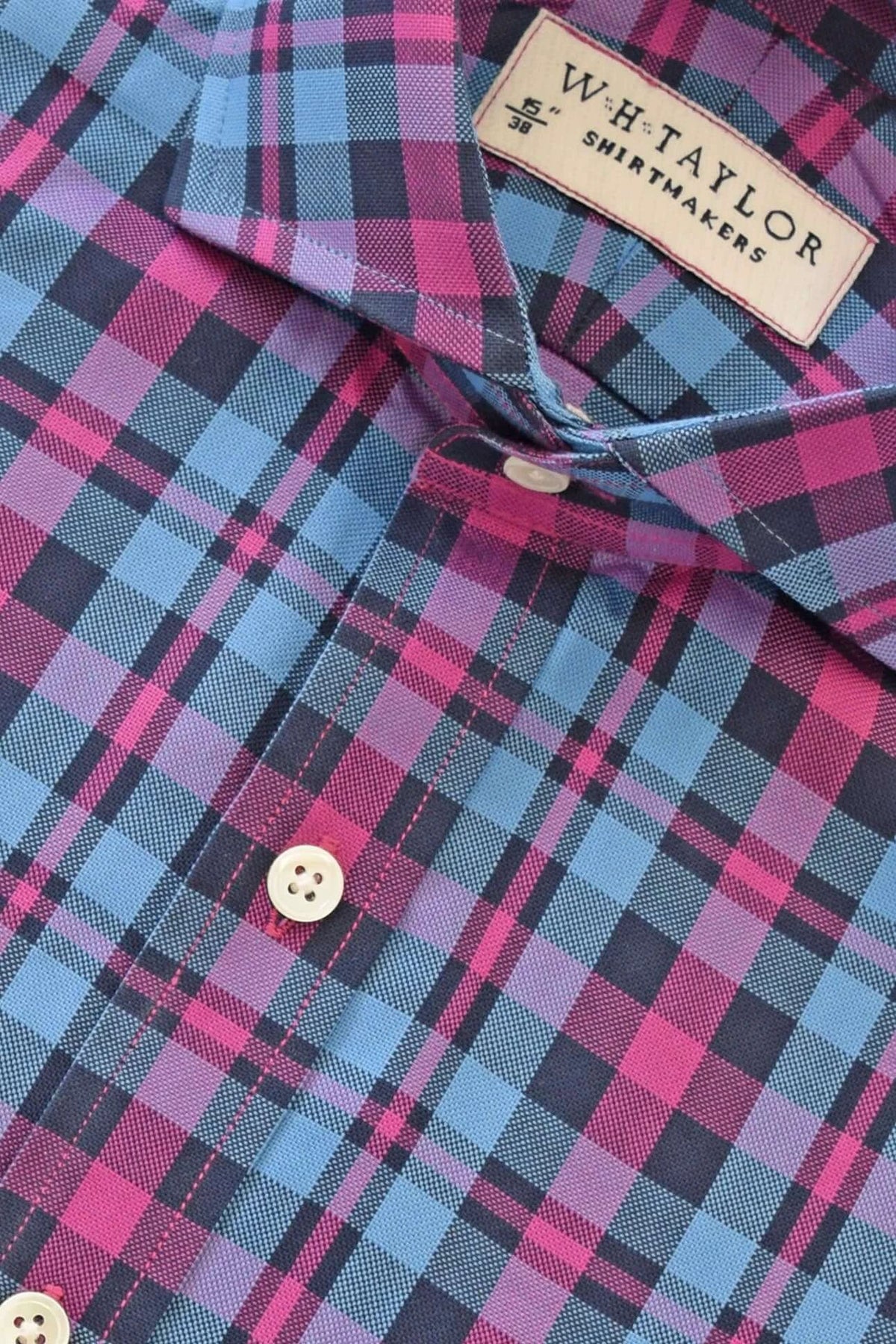 Blue & Cerise Plaid Check Twill Men's Bespoke Shirt - Vibrant Colour With Textured Twill For Versatile Styling by whtshirtmakers.com