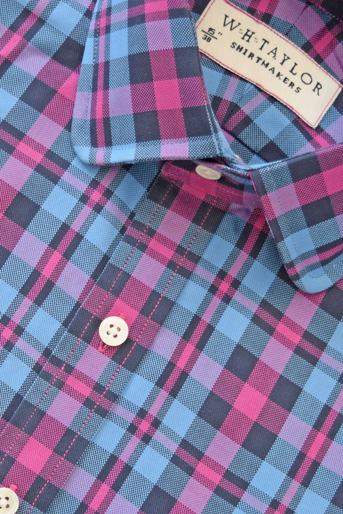 Blue & Cerise Plaid Check Twill Men's Bespoke Shirt - Vibrant Colour With Textured Twill For Versatile Styling by whtshirtmakers.com