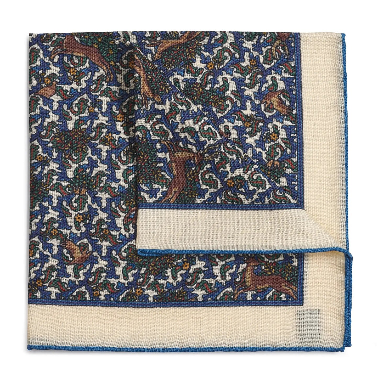 Stag & Forest(Wool & Silk Mix) Pocket Square In Cream by Benson & Clegg