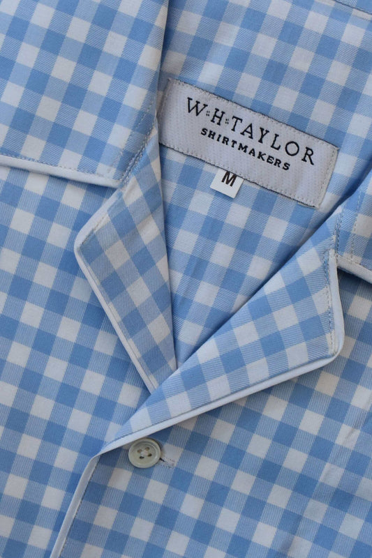 Blue Gingham Checked 100% Cotton Poplin Luxury Pyjamas - whtshirtmakers.com