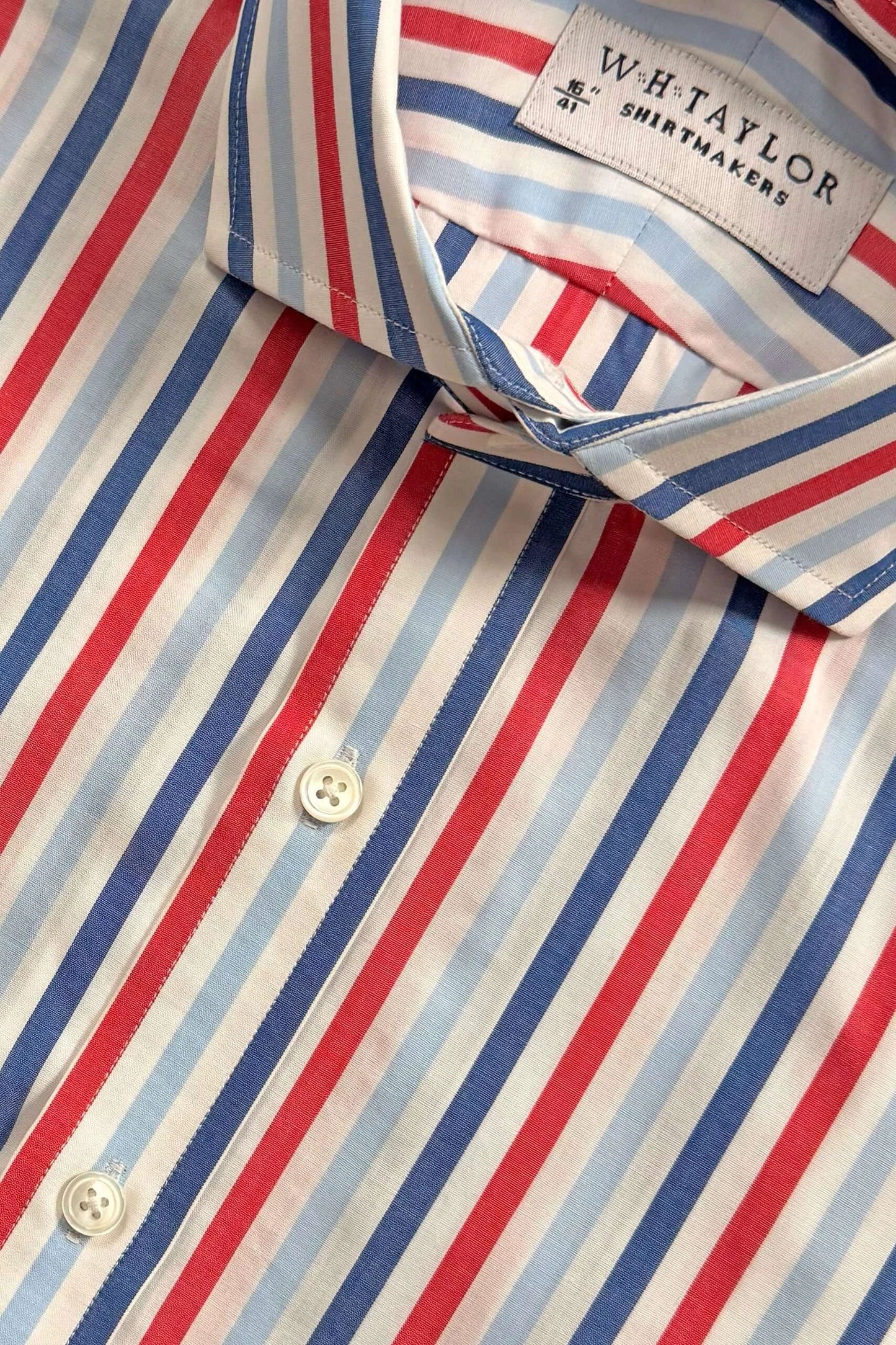 Navy, Sky & Red Large Candy Stripe Poplin Mens Bespoke Shirt by whtshirtmakers.com