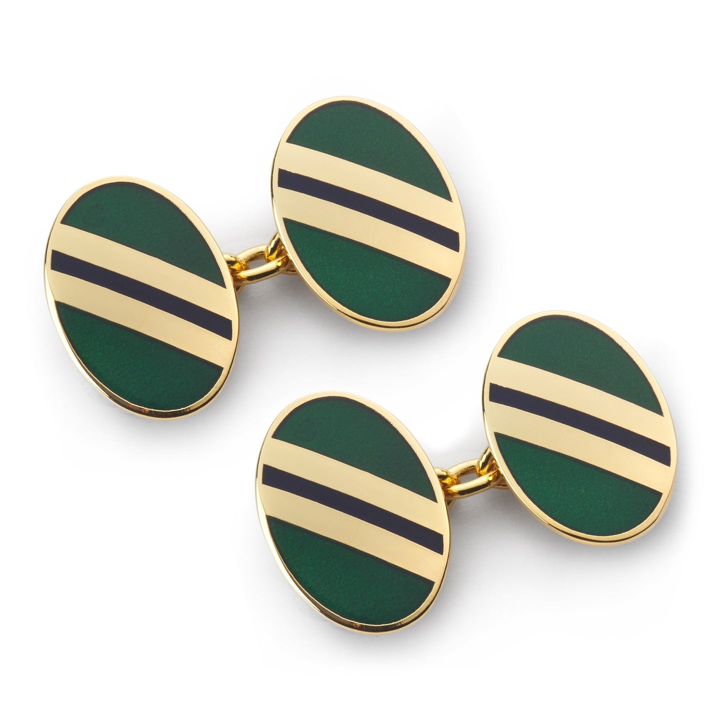 Stripe Chain Cufflinks in Green and Navy Enamel - Handcrafted in England with Vitreous Enamel Finish by Benson & Clegg