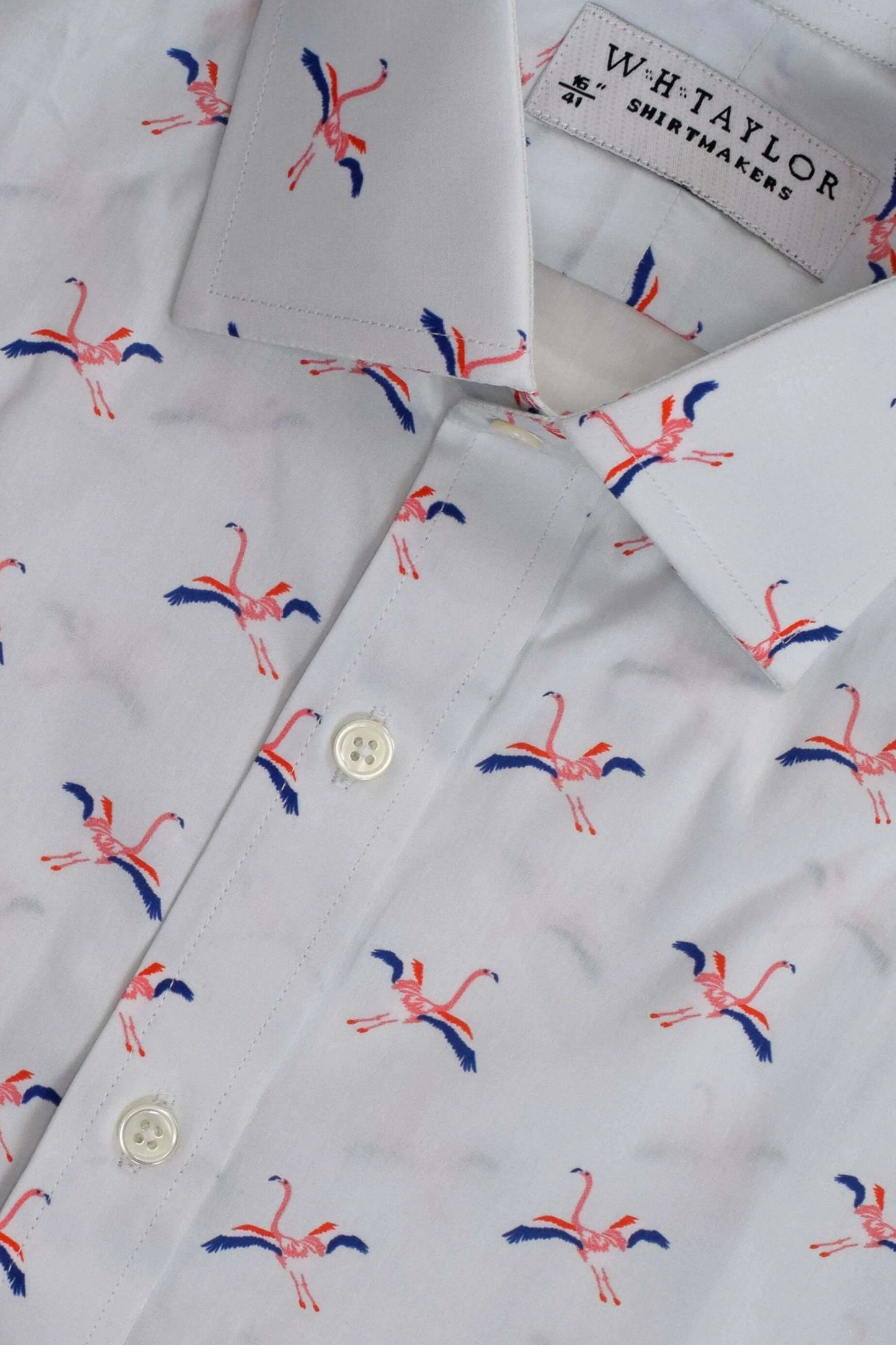 Flying Flamingo Pattern White Men's Bespoke Shirt - Playful Charm With Tailored Comfort And Flattering Fit by whtshirtmakers.com