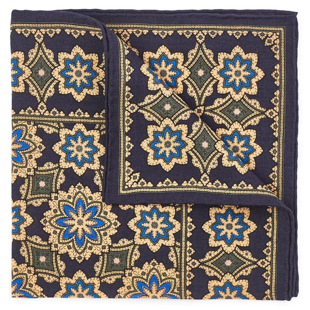 Floral Design In Navy (Wool & Silk Mix) Pocket Square by Benson & Clegg