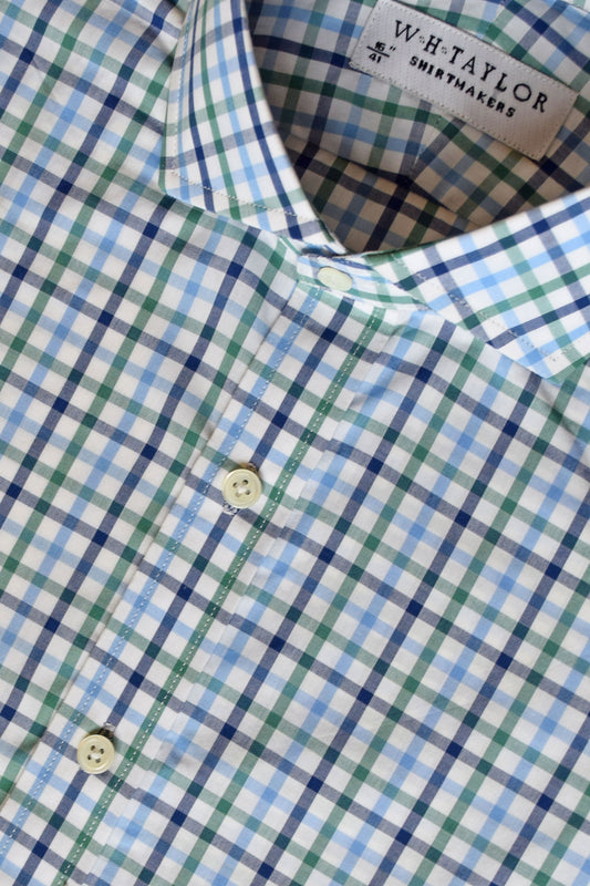 Navy, Sky & Green Tattersall Check Poplin Men's Bespoke Shirt