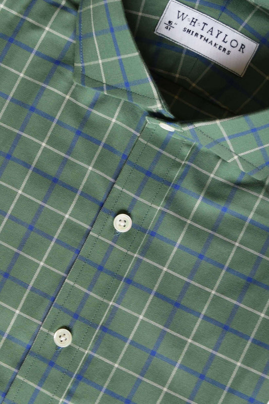 Forest Green Navy White Tattersall Check Twill Men's Bespoke Shirt - Close-up View