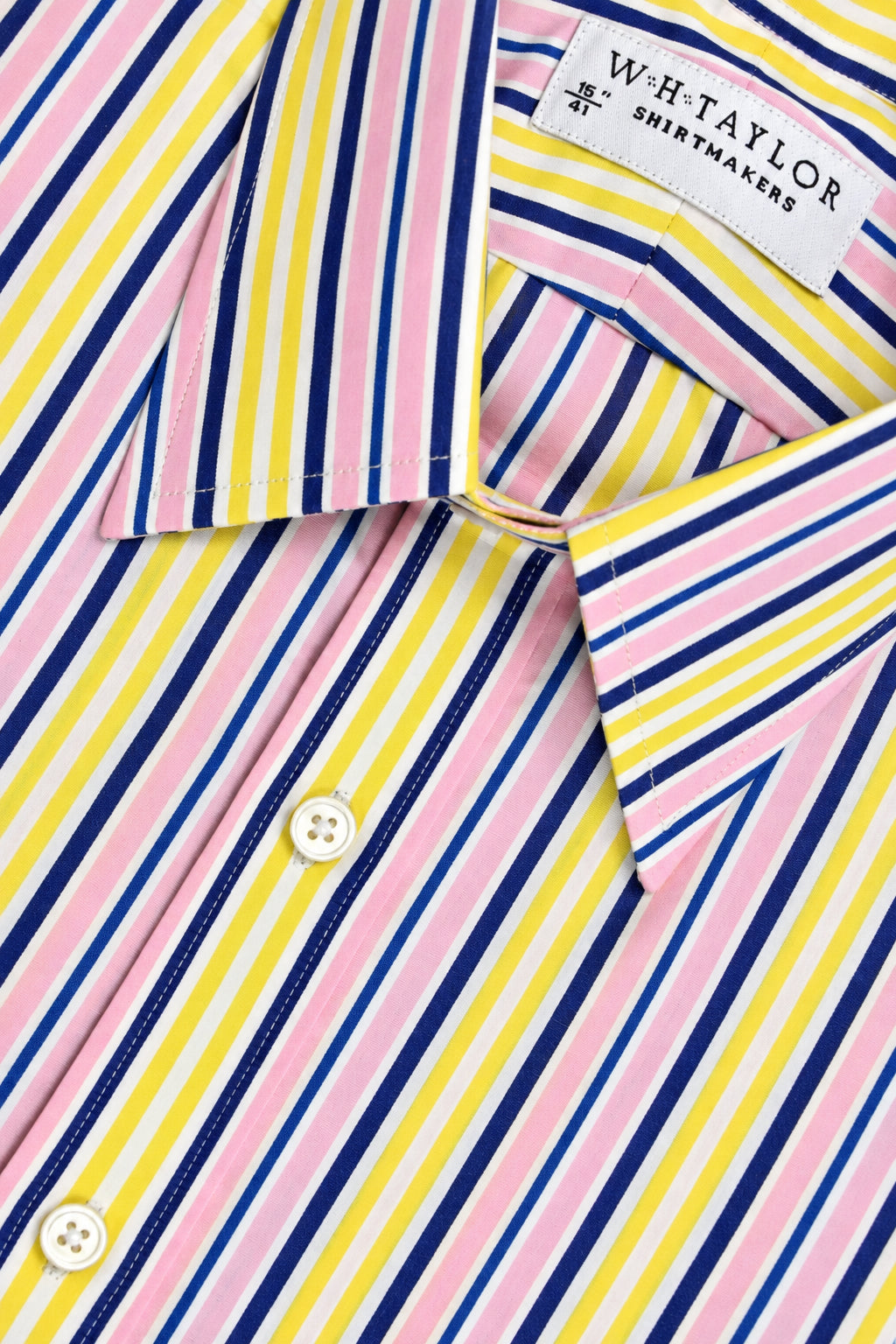 WH Taylor Mens Blue, Pink & Yellow Stripe Cotton Poplin Bespoke Dress Shirt by whtshirtmakers.com