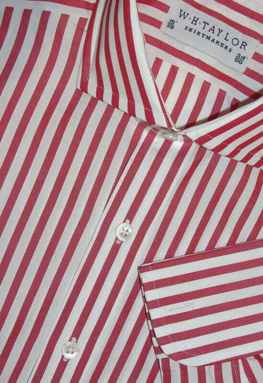 Red butcher stripe poplin men's bespoke shirt by W.H. Taylor, made from two-fold 100% cotton, perfect for business or casual wear.