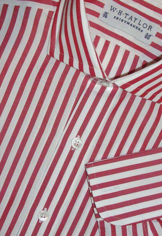 Red butcher stripe poplin men's bespoke shirt by W.H. Taylor, made from two-fold 100% cotton, perfect for business or casual wear.