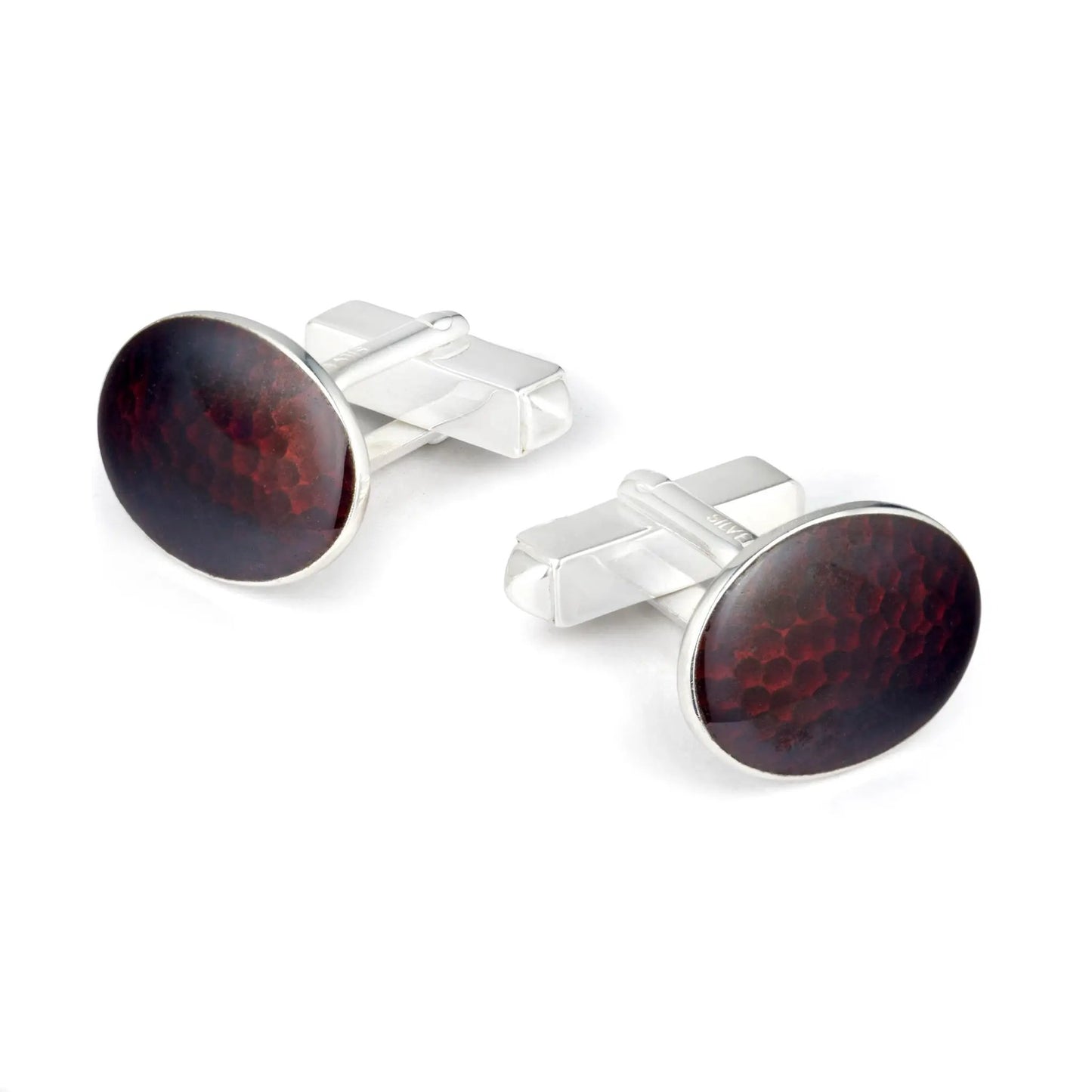 Hammered Sterling Silver Cloisonne Cufflinks In Burgundy by Benson & Clegg