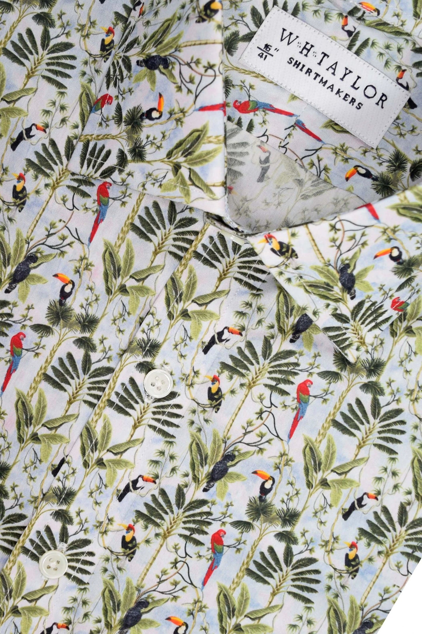 Tropical Bird Pattern White Men's Bespoke Shirt - Impeccable Tailored Fit for Bold Adventurous Style by whtshirtmakers.com