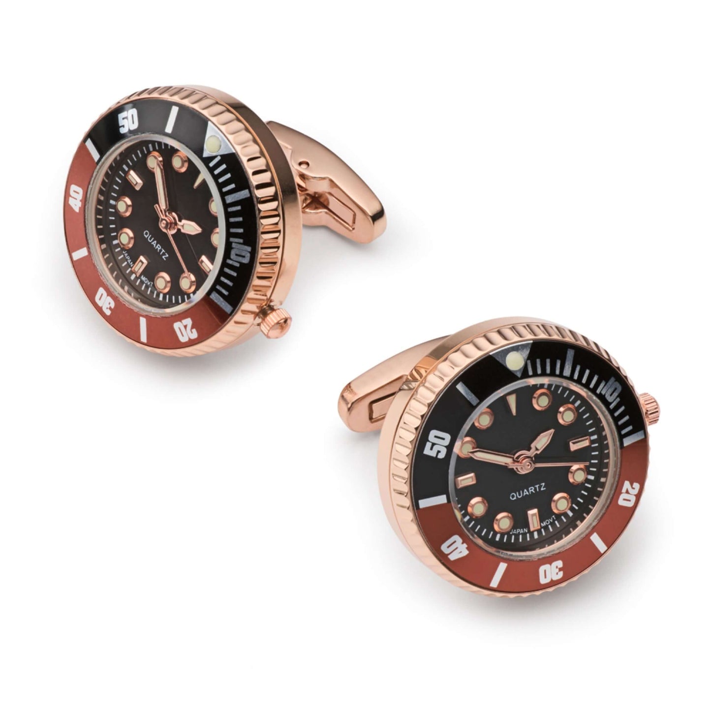 Root Beer Rose Gold Watch Cufflinks - Fully Functional Quartz Movement with Two Year Battery Life by Benson & Clegg
