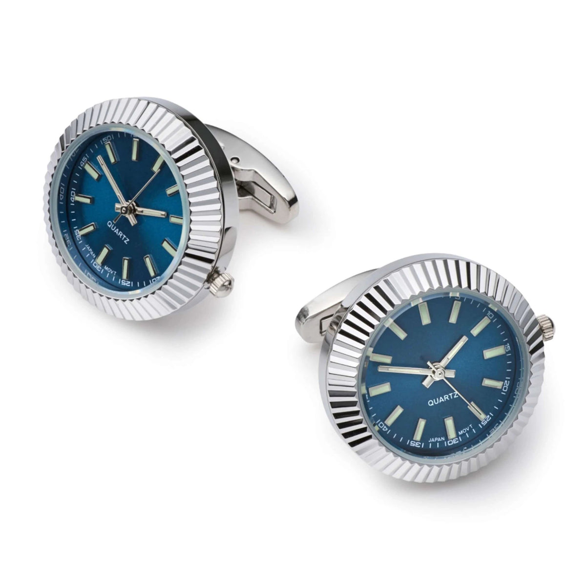Working Watch Cufflinks In Silver And Blue - Functional Quartz Movement For Dress Or Gift For Him by Benson & Clegg