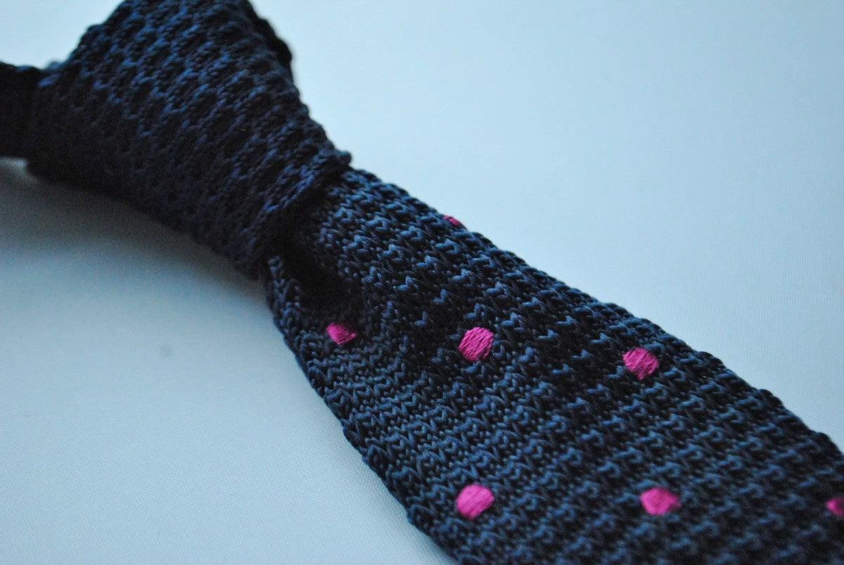 navy blue skinny knitted tie with bright pink polka dots by Frederick Thomas Handmade Mens Ties