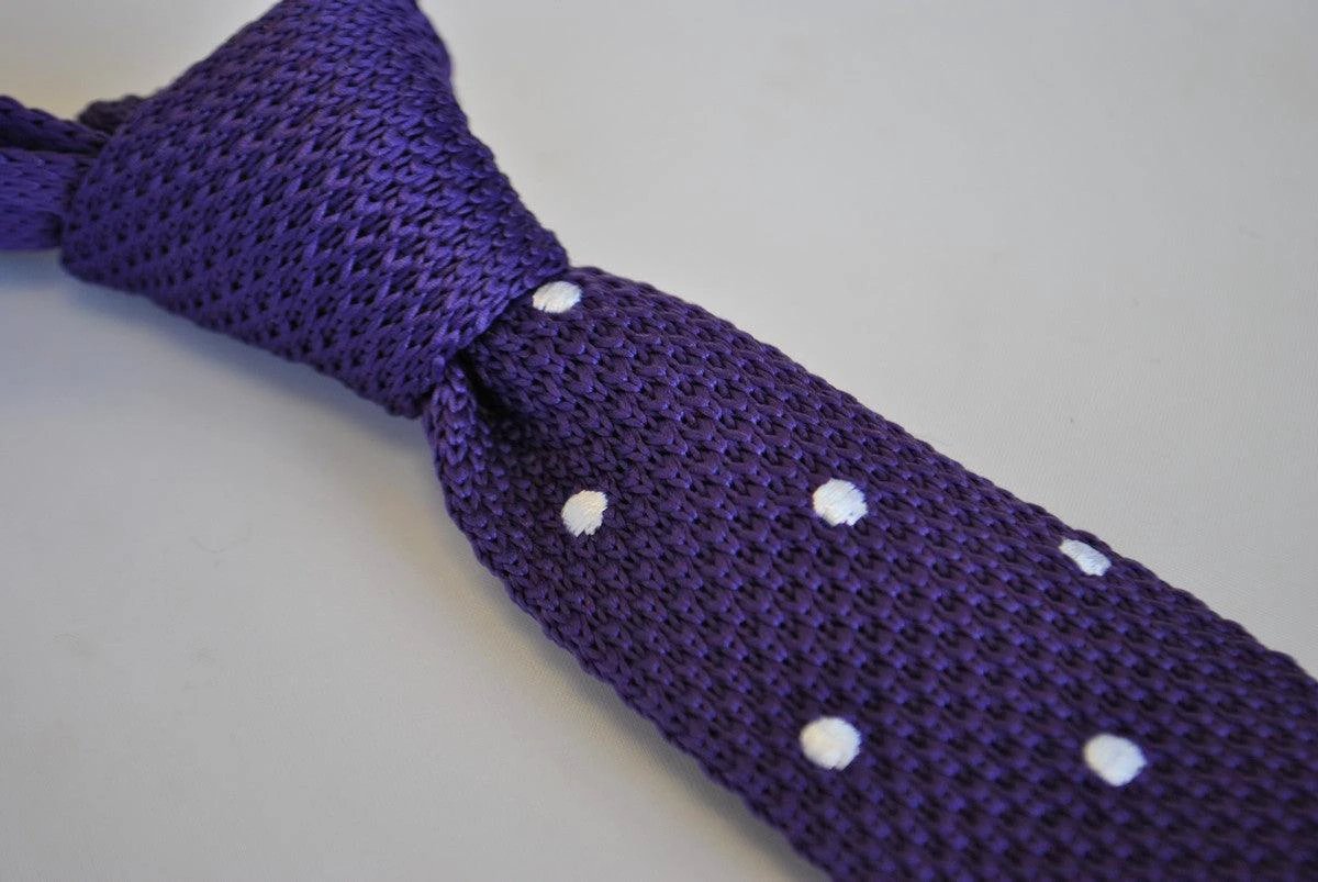 cadbury purple skinny knitted tie with white polka dots by Frederick Thomas Handmade Mens Ties