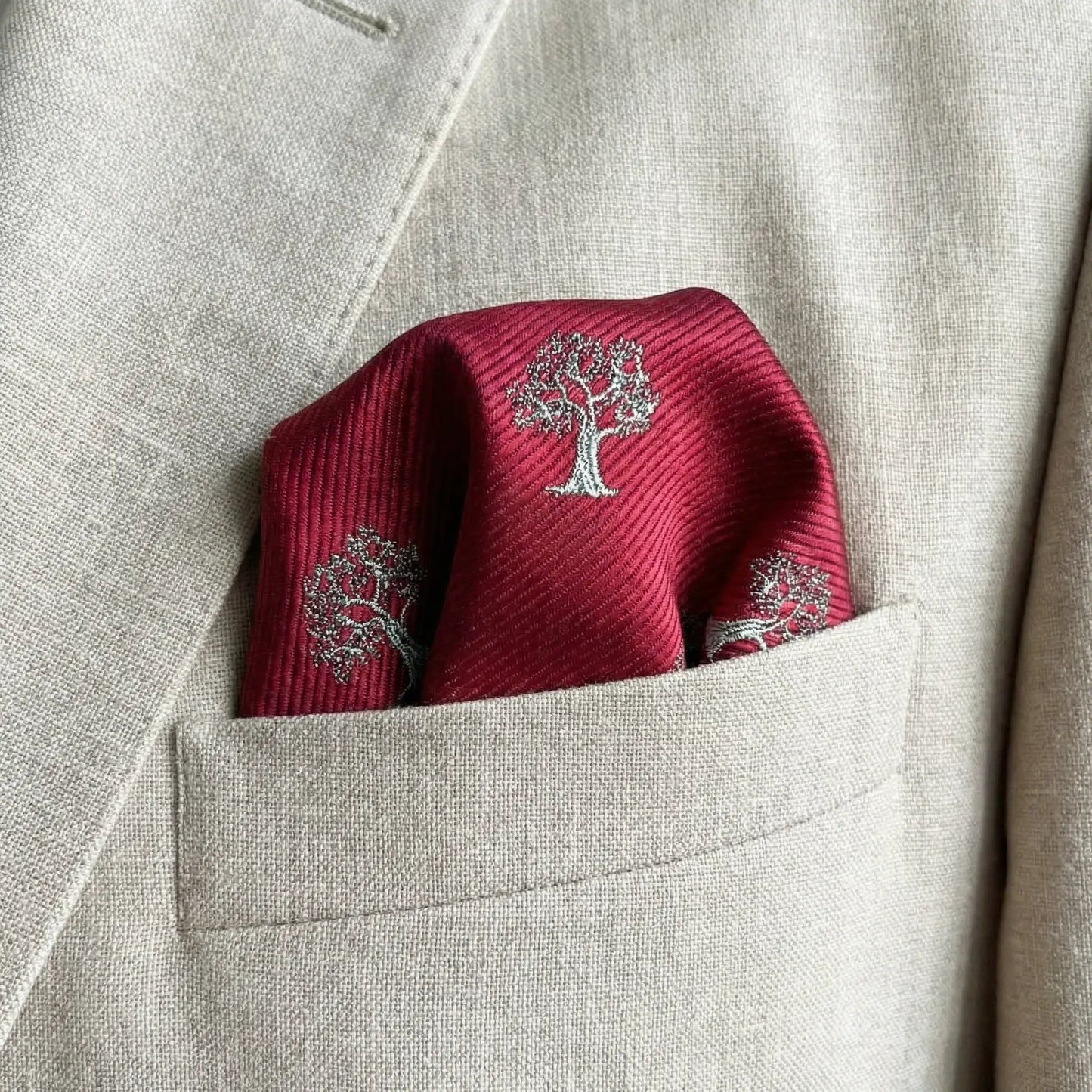 Tree Pocket Square Red & Silver by OFL Ties