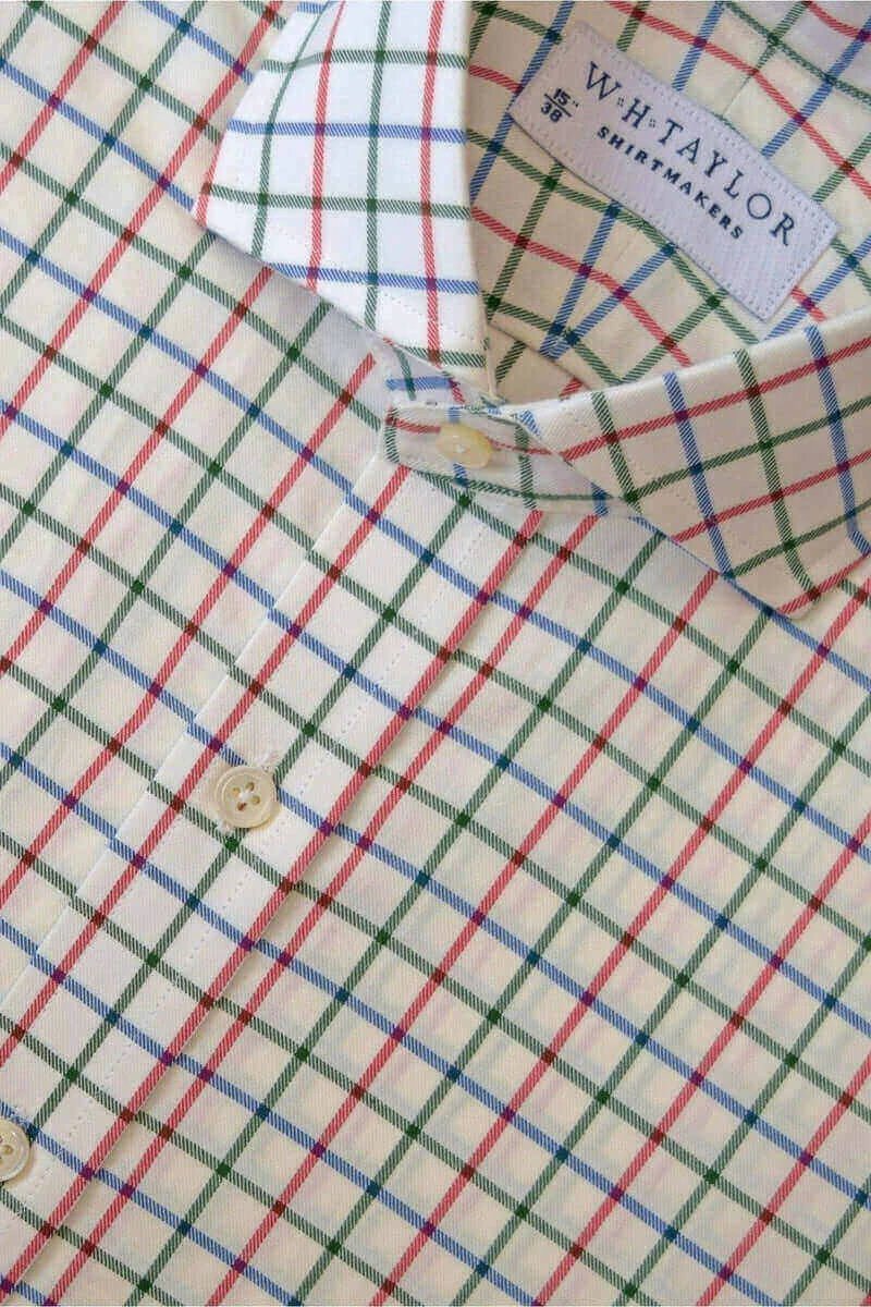 Blue, red, and forest green check twill men's bespoke shirt in classic English Tattersall pattern.