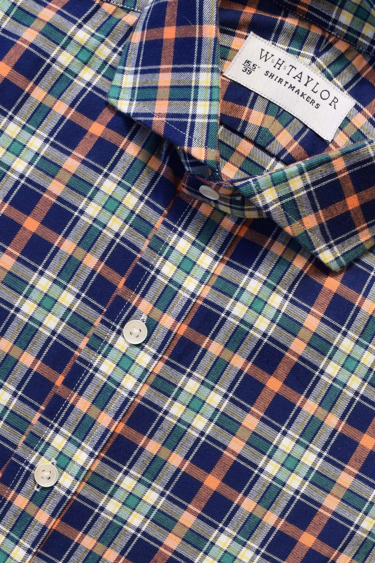 Navy Green & Orange Brushed Cotton Plaid Check Twill Ladies Bespoke Shirt - whtshirtmakers.com