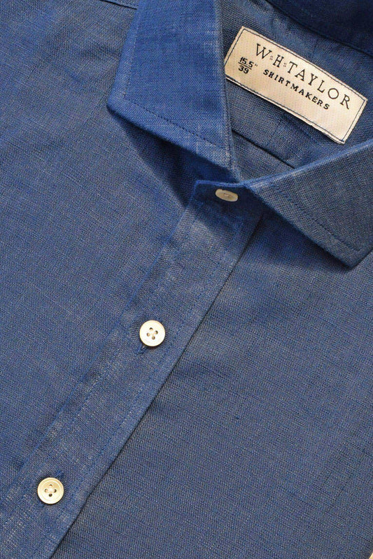 Plain Navy Blue Linen Ladies Bespoke Shirt - whtshirtmakers.com