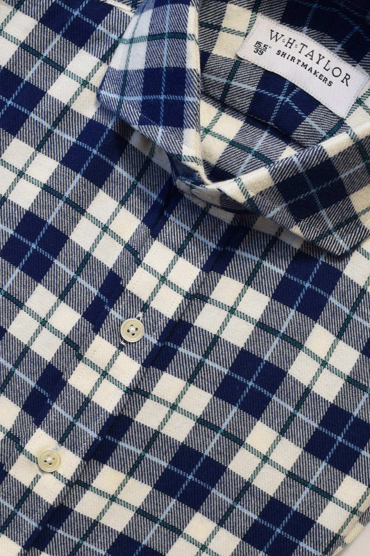 Navy & Cream Checked Brushed Cotton Twill Men's Bespoke Shirt - whtshirtmakers.com