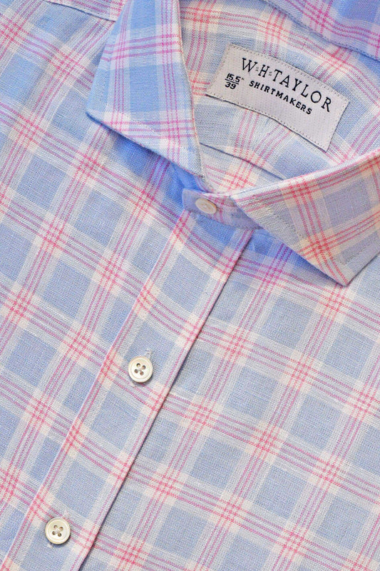 Sky & Pink Plaid Check Linen Ladies Bespoke Shirt - whtshirtmakers.com