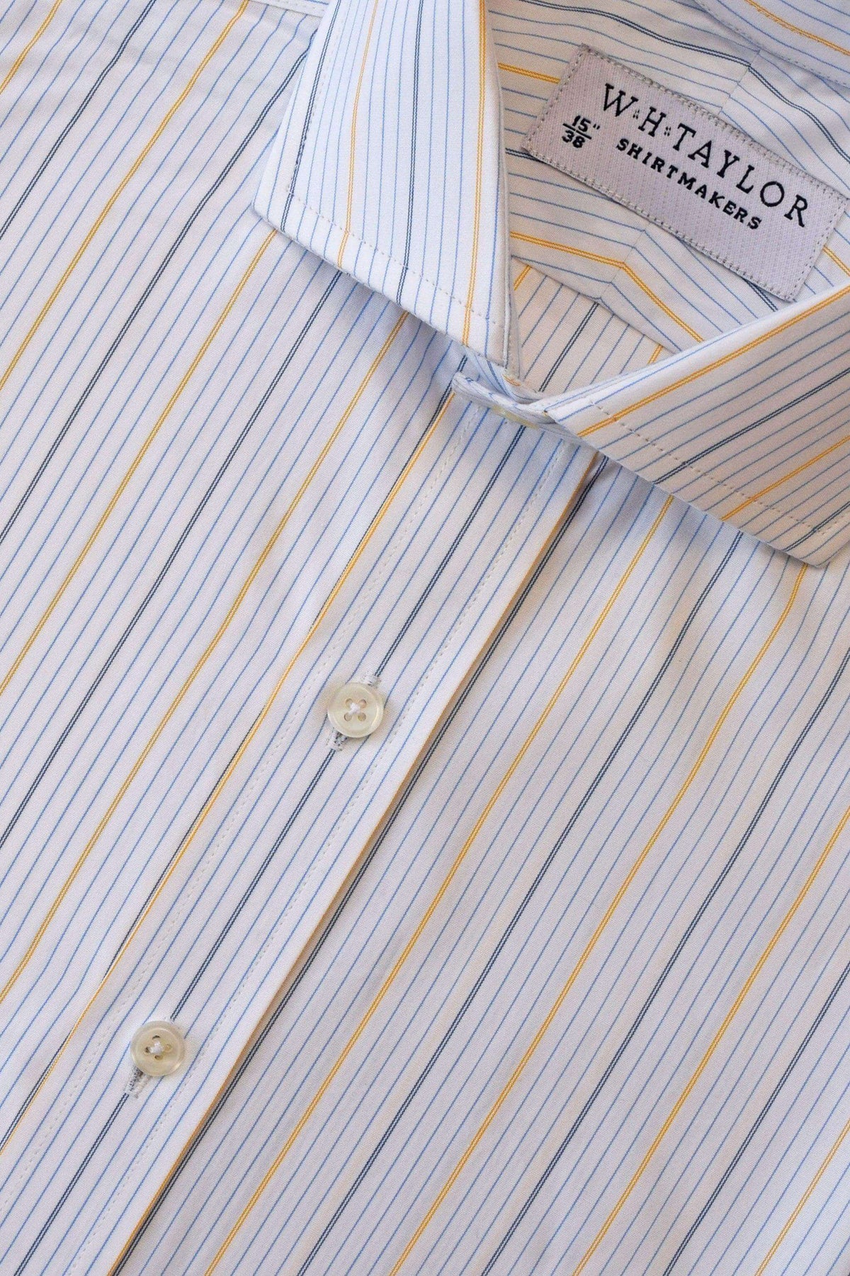 Triple Blue & Yellow Hairline Stripe Poplin Men's Bespoke Shirt - whtshirtmakers.com