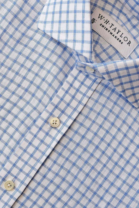 W.H Taylor shirtmakers Blue Windowpane Check Linen Bespoke Shirt